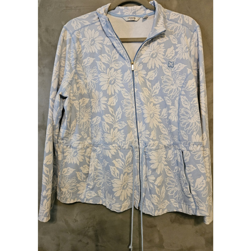 Liz Claiborne Plus 1X Floral Zip Jacket Light Blue White Collared Zipped Pockets